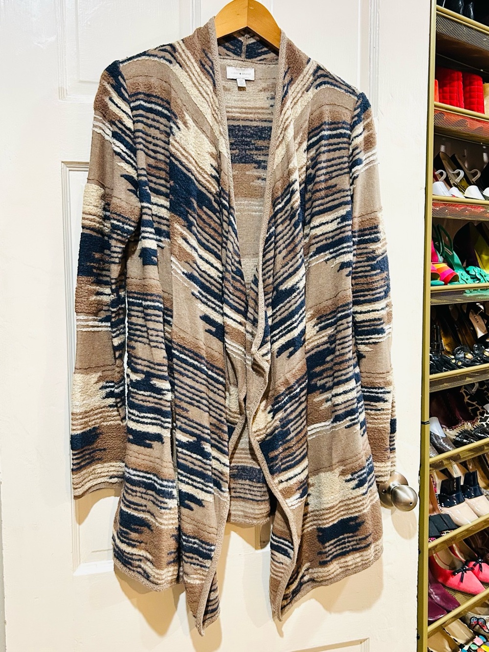 Lucky Brand Beige & Navy Blue Textured Aztec Tribal Print Duster Cardigan Size M